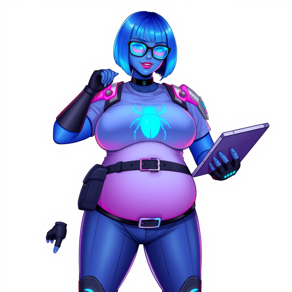 A 28-year-old, full-figured, metallic maximum blue (5PB 5/10) skinned computer program hybrid with a maximum blue bob cut. She has a non-athletic build, highlighted by a prominent, round, large midsection (with emphasis on her belly), which shows the effects of her love of junk food acquired from her boyfriend. As the full-figured, nerdy, digital sidekick to her cyberpunk vigilante boyfriend, her metallic maximum blue skin and maximum blue lipstick (5PB 5/12) emphasize her digital nature. Her skin has a subtle, animated glow, with digital patterns occasionally flickering across it, making her digital nature obvious. She wears a digital, computerized costume, consisting of a huge, tight-fitting, maximum blue t-shirt (5PB 5/12) made out of advanced nanotech with a neon blue glowing chest icon of a beetle, hi-tech shoulder pads with neon blue accents, a black hi-tech belt with a digital neon blue glowing buckle, digital maximum blue biker pants (5PB 5/12) with neon blue accents, and black hi-tech fingerless biker gloves with neon blue glowing accents. Her neon blue glowing eyes, black eyeglasses with neon blue glowing lenses equipped with a built-in HUD, and bashful smile with neon red blush accentuate her nerdiness.

She stands with a shy, slightly hunched posture, one hand nervously adjusting her glasses while the other clutches a digital tablet close to her chest. Her pose reflects her intellectual curiosity and slight social awkwardness, much like Sci-Twi. Her costume covers all her skin and emphasizes her full-figured physique (especially her belly). Despite her build, she radiates beauty. She has a slim face compared to her physique, accentuating her radiant beauty. She is on a solid white background. She is drawn as if she were in a retro 2D cyberpunk fighting game.