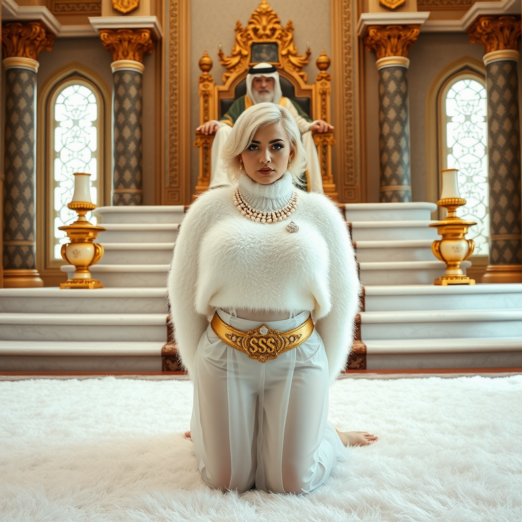 Kuwait desert palace throne room, throne raised on stair head, old overweight mighty sheik sitting on throne. In front of stairs, kneeling on white fluffy carpet: Melissa, European 17 years old very convincing femboy “trophy-bimbo”, tamed servile docile, rather short, by hormones very curvaceous womanly figured, platinum blond short tight curls, heavily made-up eyes, wearing Supertanya-style fluffy very fuzzy bright white angora turtleneck-poncho cropped ending under bust decorated with pearls and gemstones, striking oriental wide gold bridal protection belt, white fully transparent harem pants, full Oriental bridal jewelry, white sheer full Burka, coin anklets, striking diamond “$$$” letter brooch on left chest, pout frustrated, hands tied behind back, looking at camera. Full view, side perspective.