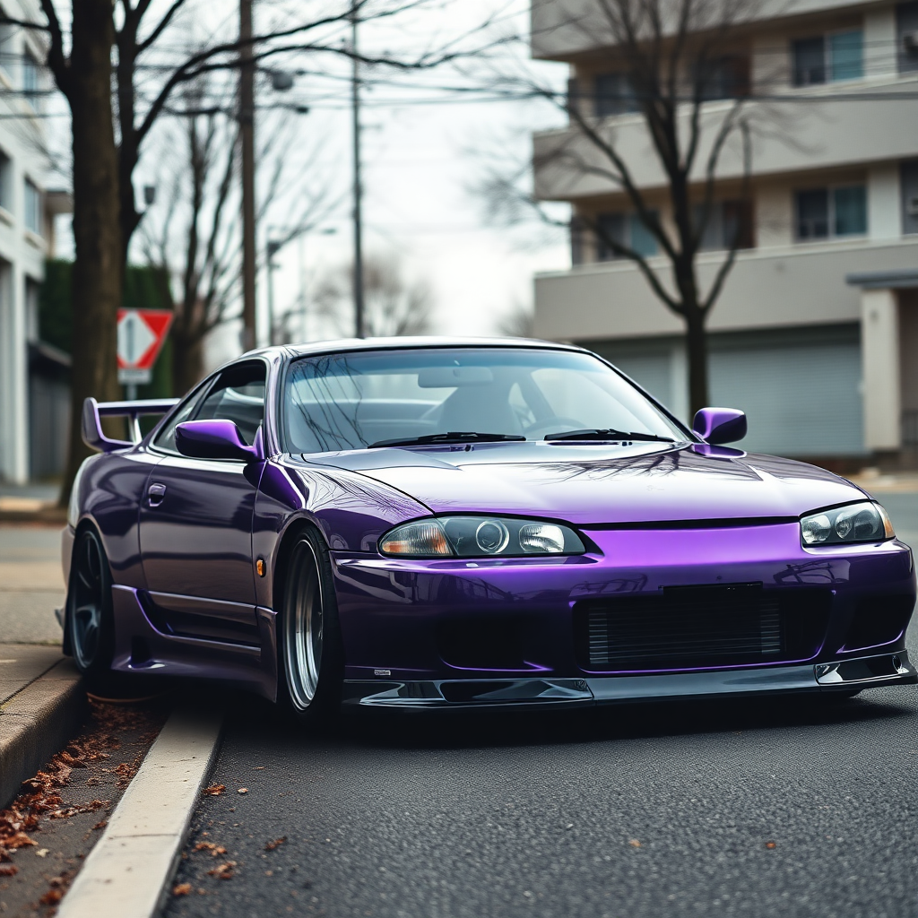 camelonn purple nissan silvia s14 the car is parked on the side of the road, inspired by Taiyō Matsumoto, tumblr, restomod, nd4, c4 cold colors