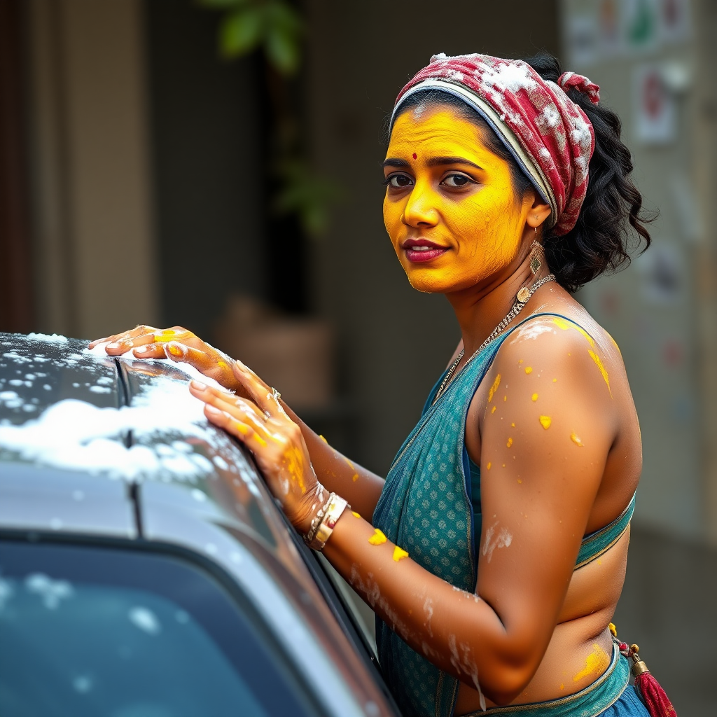 slim, curvy, traditional 30 year old indian maid with hair covering, her face is covered with turmeric mask and body is covered with soap lather. she is washing a car