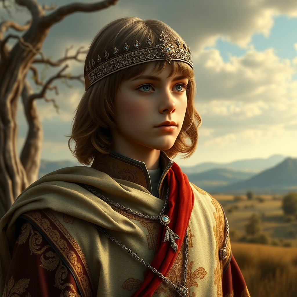 16yo teen boy prince, long bob cut, embroidered with gold and diamonds medieval cloths, diamond diadem, and Beautiful War. Free style by FLUX photorealistic. The background is in the style of landscape style by Antonio del Polaiolo, ultra high resolution, 16K,