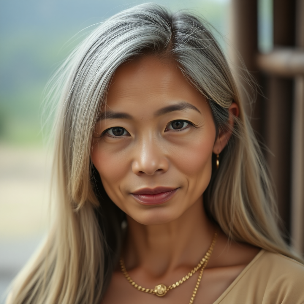 A 45 Year young North-East Thai Women with uncolored long straight Hair and a fine Gold chain.