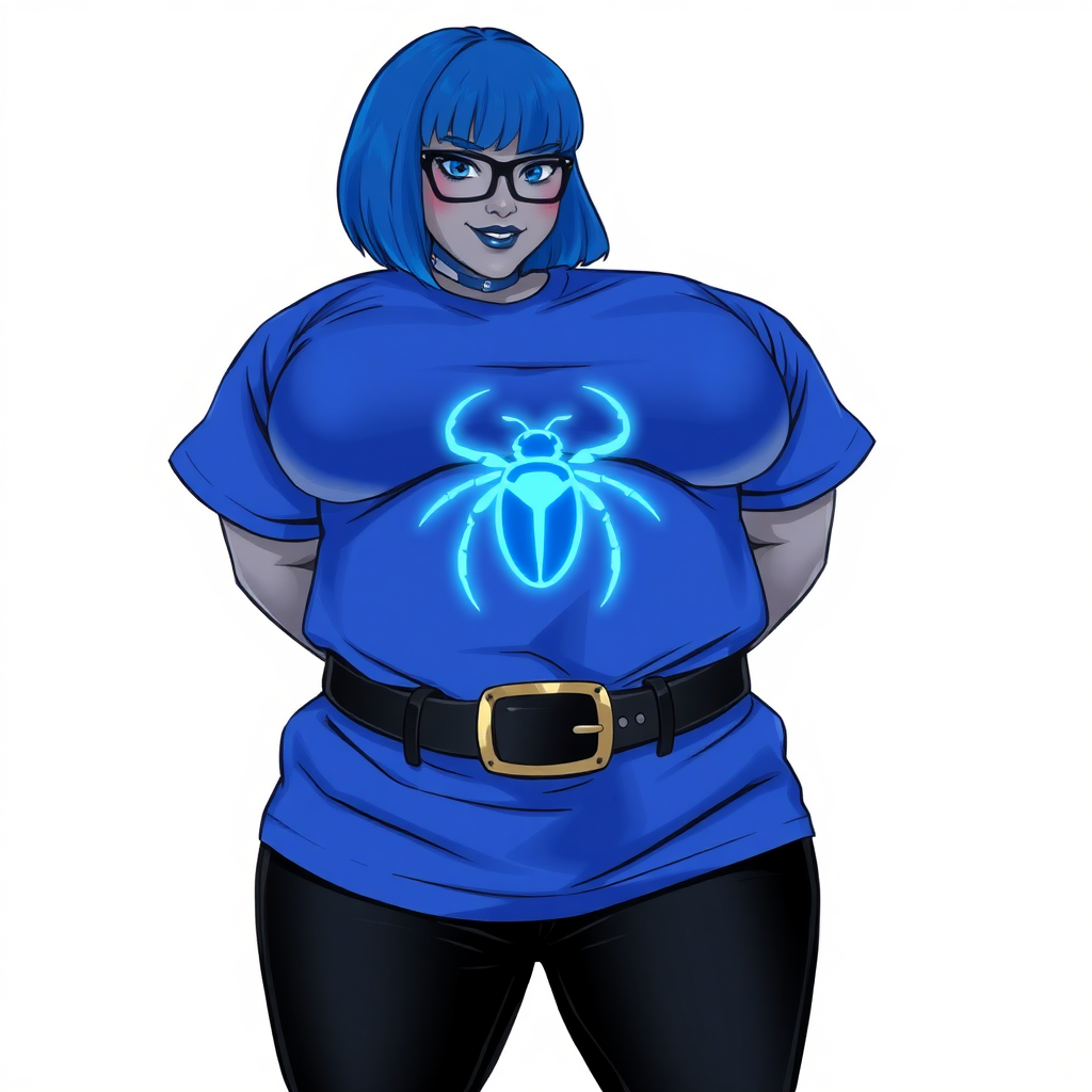 A 28-year-old, full-figured, metallic middle gray skinned computer program hybrid with a maximum blue bob cut. She has a non-athletic build, highlighted by a prominent, round midsection (with emphasis on her belly). As a digital sidekick, computer hacker, and nerdy girlfriend to her cyberpunk vigilante boyfriend, her middle gray metallic skin and maximum blue lipstick emphasize her digital nature. She wears a huge, tight-fitting, maximum blue t-shirt (accentuating her belly) with a neon blue glowing chest icon of a beetle, black pants, a black belt with a sapphire scarab buckle, and black gloves. Her bright blue eyes, black eyeglasses, and lovestruck smile with neon red blush accentuate her nerdiness. She stands bashfully with her hands behind her back, her t-shirt covering her midsection (especially her belly) and emphasizing her full-figured, non-athletic physique. She is on a solid white background. She is drawn as if she was in a retro 2D cyberpunk fighting game. She is clearly non-athletic, with a focus on her full-figured physique. Ensure her t-shirt covers her midsection (especially her round belly).