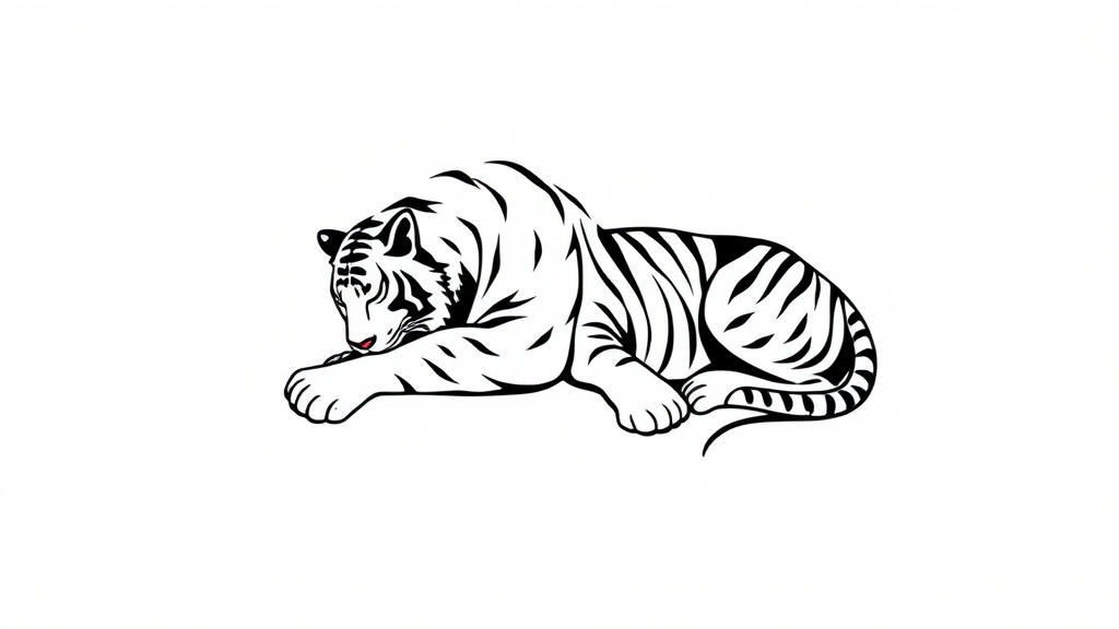 Create a minimalist, monochromatic design of two sleeping tigers in the style of Sak Yant tattoo art.