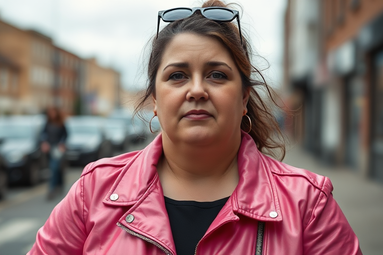 35 year old woman, fat face, pink pvc biker jacket