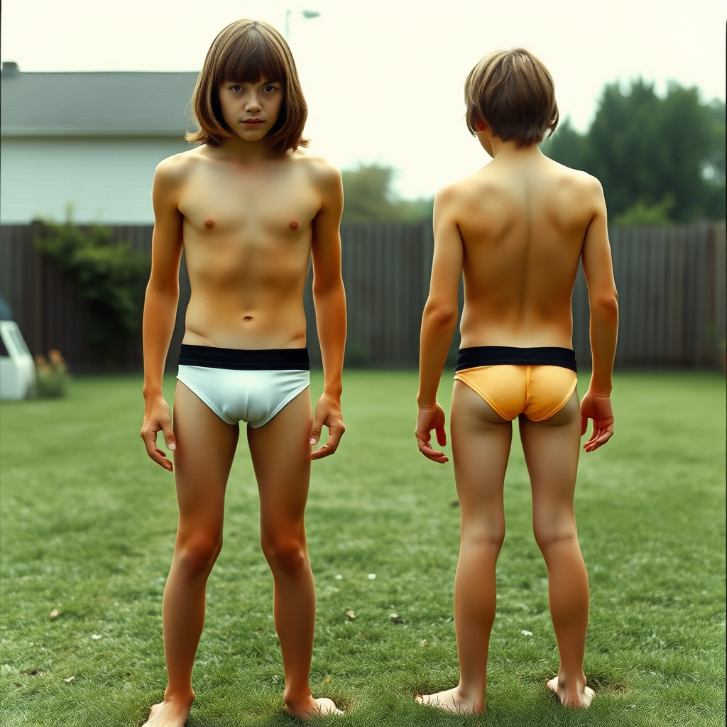 two tall 14yo teen boys, long hair bob cut, wearing very tight back briefs, long legs, narrow thighs, full-length front view. 1970s. playing at backyard. photorealistic, ultra high resolution, 16K, Negative: grainy, blurry, bad anatomy, extra limbs, watermark.