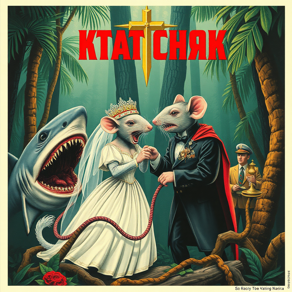 A rat wedding being attacked by sharks, Catholic, Soviet propaganda poster, steam punk, no text, Lovecraftian, in the rainforest