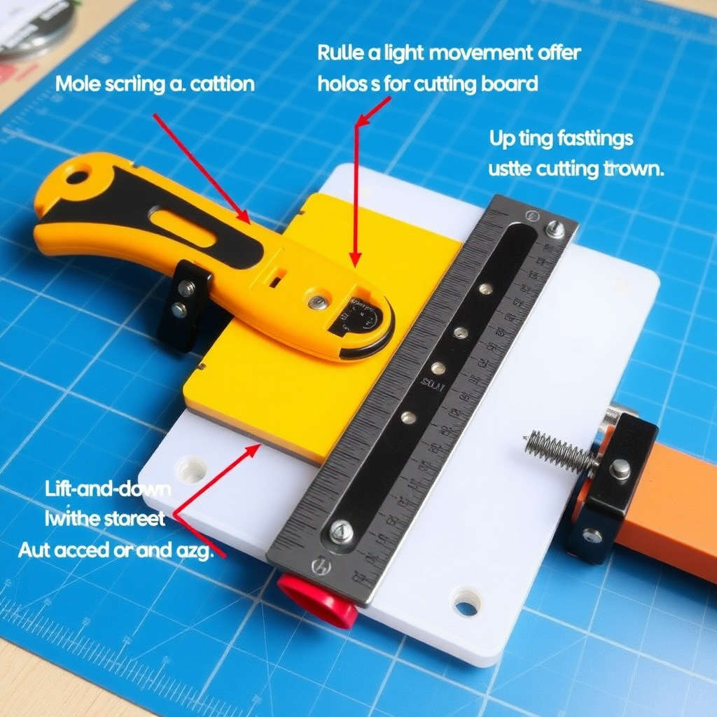 Plastic board and cutting mat: A cutting mat is placed or secured on top of the plastic board to create a stable surface for cutting tasks.

Ruler with holes for the blade: A ruler with thin holes that allow the blade to fit through is secured on the plastic board (or a tool functioning as a slider).

Left and right movement: Using a fastening device, the ruler can move left and right, allowing it to be positioned as desired during work.

Up and down movement using springs: Springs are attached to allow the ruler to move up and down, enabling it to be lifted or lowered as needed. This will make it easier to move the ruler and perform cutting tasks, such as using a utility knife.