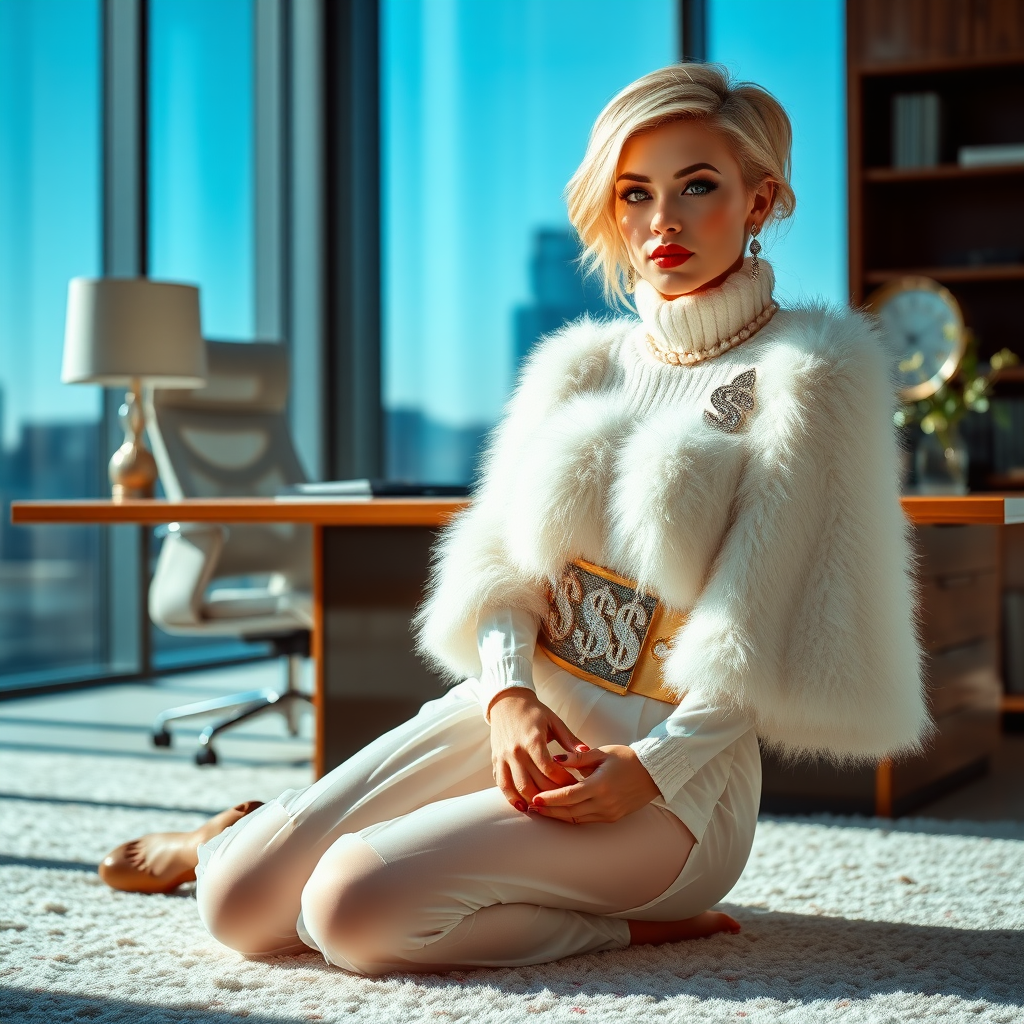 Sunny spring morning, modern glass-steel-concrete office, kneeling on fluffy carpet in front of CEO’s desk: Kimberly, 19 years old very convincing femboy “trophy-bimbo”, tamed servile docile, very beautiful feminine flawless face, rather short, by hormones very curvaceous womanly figured, platinum blond short tight curls, bold red lips, heavily made-up face, wearing Supertanya-style fluffy very fuzzy bright white angora turtleneck-poncho cropped ending under bust decorated with pearls and glass stones, striking oriental wide gold bridal protection belt, white fully transparent harem pants, large pearl earrings, striking diamond “$$$” letter brooch on left chest, pout frustrated, looking at camera. Focus on face and turtleneck-poncho.