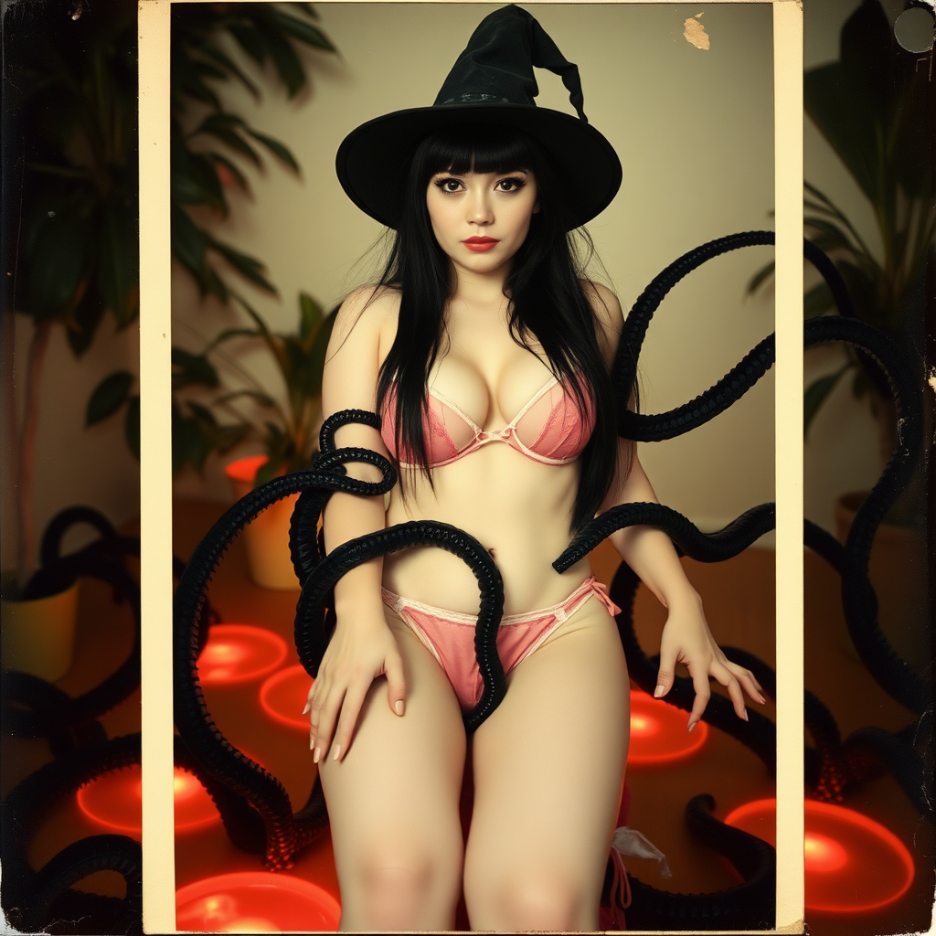 An old polaroid photo with a color tint to the photograph and visible light leaks. The photo depicts a sexy alt goth girl with pale skin and black hair. She has a plump booty. She has large breasts with ample cleavage and she is wearing a skimpy thong. The fabric of her thong is skimpy and pink and white and barely covers her and her bra is translucent and pink and white. She is in a photography studio with artistic lighting and plants are all around her. She is wearing a witch hat. She is restrained and surrounded by black tentacles coming out of magic glowing pools of water on the floor, grabbing her arms and legs.