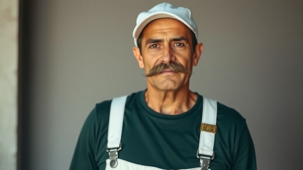 Thin Italian man with large mustache. He wears a white cap and white overalls over a long sleeve dark green t-shirt.