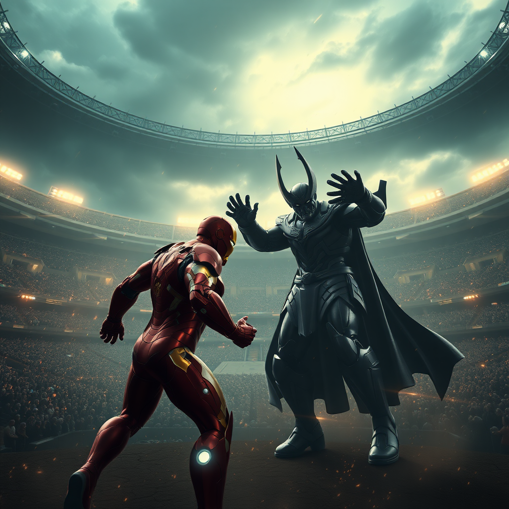 In the center of a vast stadium, Iron Man faces off in a fierce battle with Darkseid. The 3D rendered image is stunningly photorealistic, every detail brought vividly to life. A magical, ethereal glow surrounds the scene, casting intricate dramatic shadows on the combatants beneath a stormy sky. The impeccable quality of the rendering immerses viewers in the epic clash between these legendary figures, creating a truly mesmerizing visual experience.