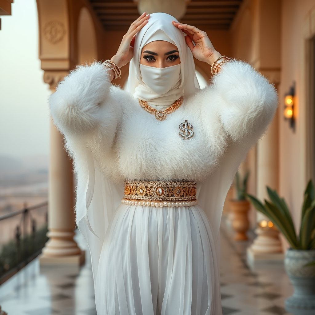 Kuwait desert palace harem patio misty dawn: Melissa, European 17 years old very convincing femboy “trophy-bimbo”, tamed servile docile, very beautiful feminine flawless face, rather short, by hormones very curvaceous womanly figured, heavily made-up eyes, wearing Supertanya-style fluffy very fuzzy bright white angora turtleneck-poncho cropped ending under bust decorated with pearls and gemstones, striking oriental wide gold bridal protection belt, white fully transparent harem pants, full Oriental bridal jewelry, face covered by white sheer full Burka, coin anklets, striking diamond “$$$” letter brooch on left chest, pout frustrated, seductively dancing hands over her head, looking at camera. Full view.