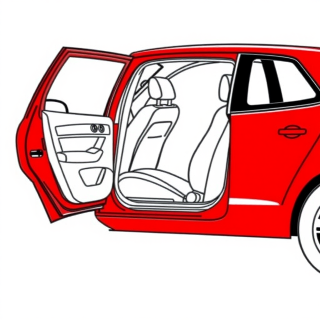 red vw polo II car, driver's door wide open, driving seat visible, long establishing shot, 2D, caricature, cartoon, Sketch lines, coloring book, coloring book style on white background, well composed, clean coloring book page, No dither, no gradient, strong outline, No fill, No solids, vector illustration, realistic proportions, blueprint, left side view