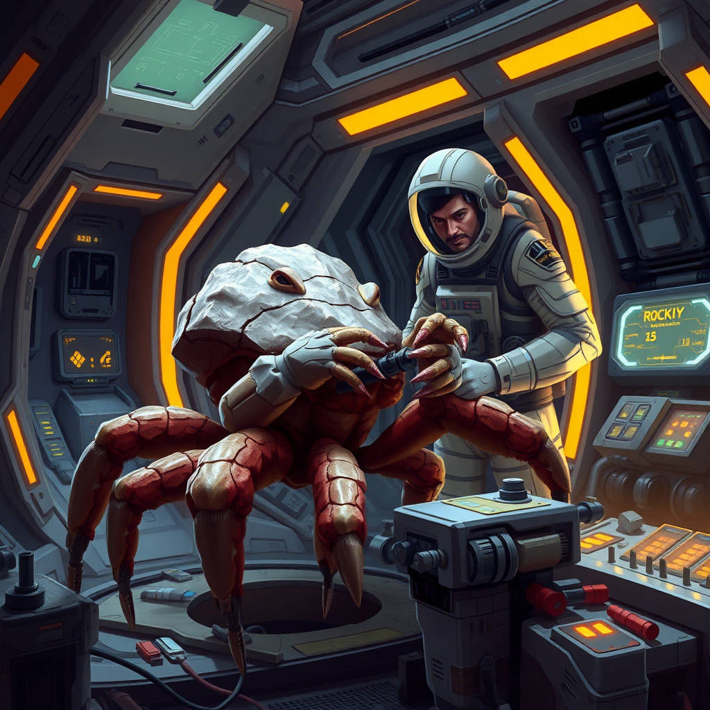 Depict Rocky, an alien from the planet Erid, aboard a high-tech spacecraft, working alongside Ryland Grace. Rocky is a five-legged creature with a crab-like appearance, covered in thick, chitinous armor. Rocky does not have eyes or a head but His limbs are arranged symmetrically around a central 5 sided body, and each limb ends in a claw-like appendage, which he uses to manipulate tools with precision. His rock-like body contrasts with the smooth, sleek surfaces of the human-designed spaceship. In the background, Ryland Grace, a human astronaut in a futuristic space suit, is observing Rocky as they collaborate on repairing or analyzing a piece of alien technology aboard the ship. The environment should feel claustrophobic yet futuristic, with glowing control panels, tools, and wires scattered around the scene. Rocky’s presence, though alien, conveys a sense of cooperation and intelligence, with both characters focused on their shared task.