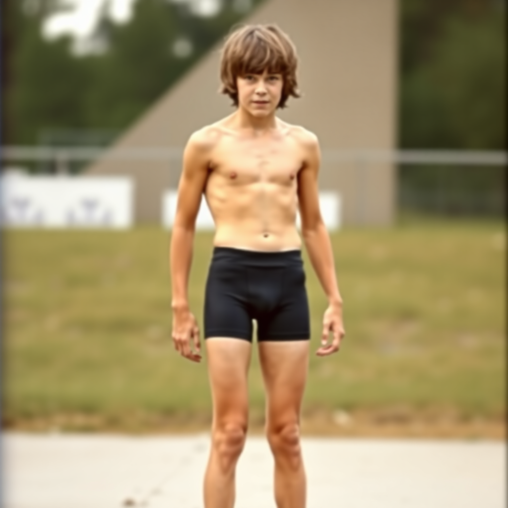 A skinny 14yo teen boy, long hairs bow cut, wearing tight narrow speedo, long legs, narrow thighs. full-length view. 1970s. photorealistic, ultra high resolution, 16K, Negative: grainy, blurry, bad anatomy, extra limbs, watermark.