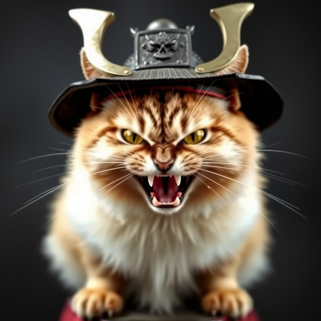 very angry cat with samurai hat