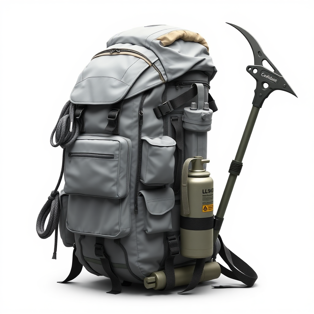 concept art Armored light gray backpack, with tactical pockets, with a coiled rope and a carabiner on the left side, an ice axe is attached to the right side, an oxygen cylinder is attached to the bottom of the backpack on straps