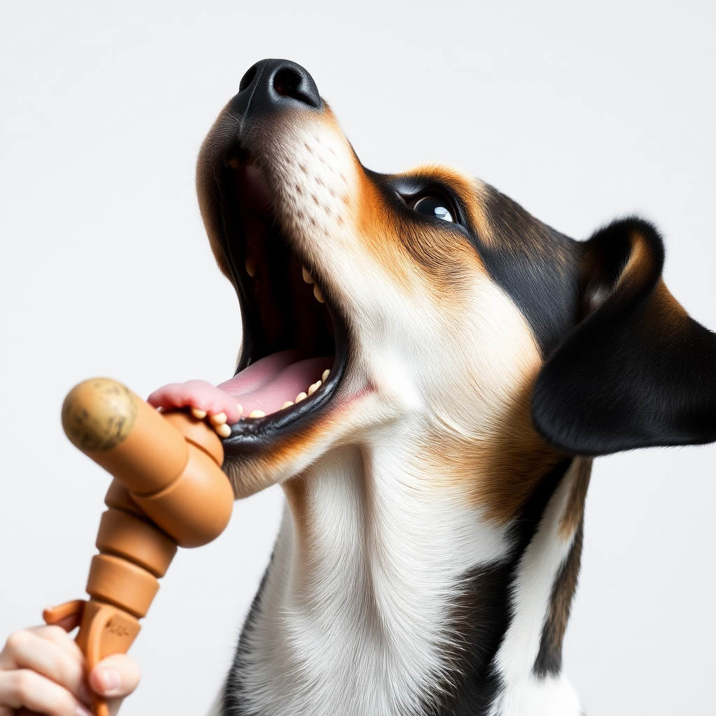 A dog biting a toy, close-up shot, side view of the head, stretching its neck, looking up. Open the mouth, opaque.