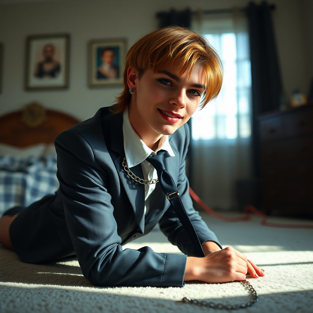 photorealistic, ultra high resolution, 16K, surreal fantasy, soft studio lighting, Tyler Swift is a pretty 18 year old goth male, slim male physique, auburn hair, goth makeup, earrings, shiny black pantyhose, school uniform shirt tie and blazer, Mary-Jane shoes, spikey neck collar chain and leash, on all fours in the bedroom, his boyfriend is holding the end of the leash, in daylight, excited smile, facing the camera.