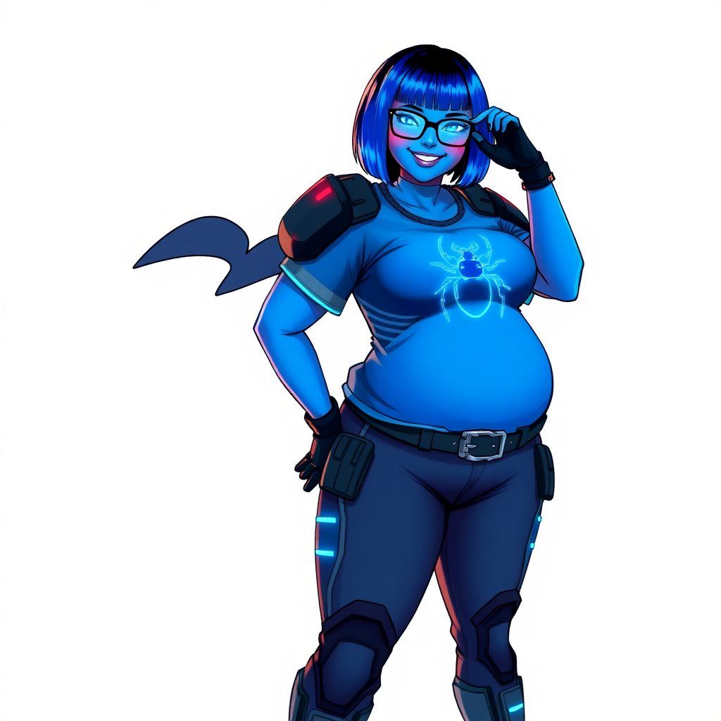 A 28-year-old, full-figured, metallic maximum blue (5PB 5/10) skinned computer program hybrid with a maximum blue bob cut. She has a non-athletic build, highlighted by a prominent, round, large midsection (with emphasis on her belly), which shows the effects of her new love of junk food acquired from her boyfriend. As the full-figured, nerdy, digital sidekick to her cyberpunk vigilante boyfriend, her metallic maximum blue skin and maximum blue lipstick (5PB 5/12) emphasize her digital nature. Her skin has a subtle, animated glow, with digital patterns occasionally flickering across it, making her digital nature obvious. She wears a digital, computerized costume, consisting of a huge, tight-fitting, maximum blue t-shirt (5PB 5/12) made out of advanced nanotech with a neon blue glowing chest icon of a beetle, hi-tech shoulder pads with neon blue accents, a black hi-tech belt with a digital neon blue glowing buckle, digital maximum blue biker pants (5PB 5/12) with neon blue accents, and black hi-tech fingerless biker gloves with neon blue glowing accents. Her neon blue glowing eyes, black eyeglasses with neon blue glowing lenses equipped with a built-in HUD, and bashful smile with neon red blush accentuate her nerdiness. She stands bashfully with one hand behind her back and the other hand gently touching her cheek, her costume covering all her skin and emphasizing her full-figured physique (especially her belly). She is clearly non-athletic, with a focus on her full-figured physique. Despite her build, she radiates beauty. She has a slim face compared to her physique, accentuating her radiant beauty. She is on a solid white background. She is drawn as if she were in a retro 2D cyberpunk fighting game.