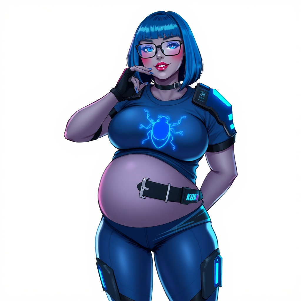 A 28-year-old, full-figured, middle gray skinned computer program hybrid with a maximum blue bob cut. She has a non-athletic build, highlighted by a prominent, round, large midsection (with emphasis on her belly), which shows the aftermath of her pampering. As the heavily pampered digital sidekick to her cyberpunk vigilante boyfriend, her middle gray metallic skin and maximum blue lipstick emphasize her digital nature. She wears a digital, computerized costume inspired by DC’s Carrie Kelly Robin, consisting of a huge, tight-fitting, maximum blue t-shirt with a neon blue glowing chest icon of a beetle, hi-tech shoulder pads with neon blue accents, a black hi-tech belt with a digital neon blue glowing buckle, digital maximum blue biker pants with neon blue accents, and black hi-tech fingerless biker gloves with neon blue glowing accents. Her neon blue glowing eyes, black eyeglasses with a neon blue glowing HUD built into the lenses, and shy smile with neon red blush accentuate her nerdiness. She stands bashfully with one hand behind her back and the other hand gently touching her cheek, her costume covering all her skin and emphasizing her full-figured physique (especially her belly). She is clearly non-athletic, with a focus on her full-figured physique. Despite her build, she radiates beauty. She has a slim face compared to her physique, accentuating her radiant beauty. She is on a solid white background. She is drawn as if she were in a retro 2D cyberpunk fighting game.