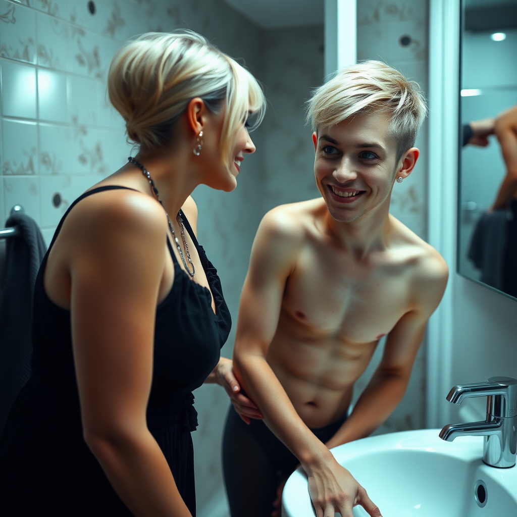 photorealistic, ultra high resolution, 16K, surreal fantasy, studio lighting, a 35 year old mother who is fully dressed for work is watching her pretty 14 year old goth son, slim male physique, short blonde hair, goth makeup, earrings, pantyhose, white ballet shoes, in the bathroom, excited smile, facing the camera.