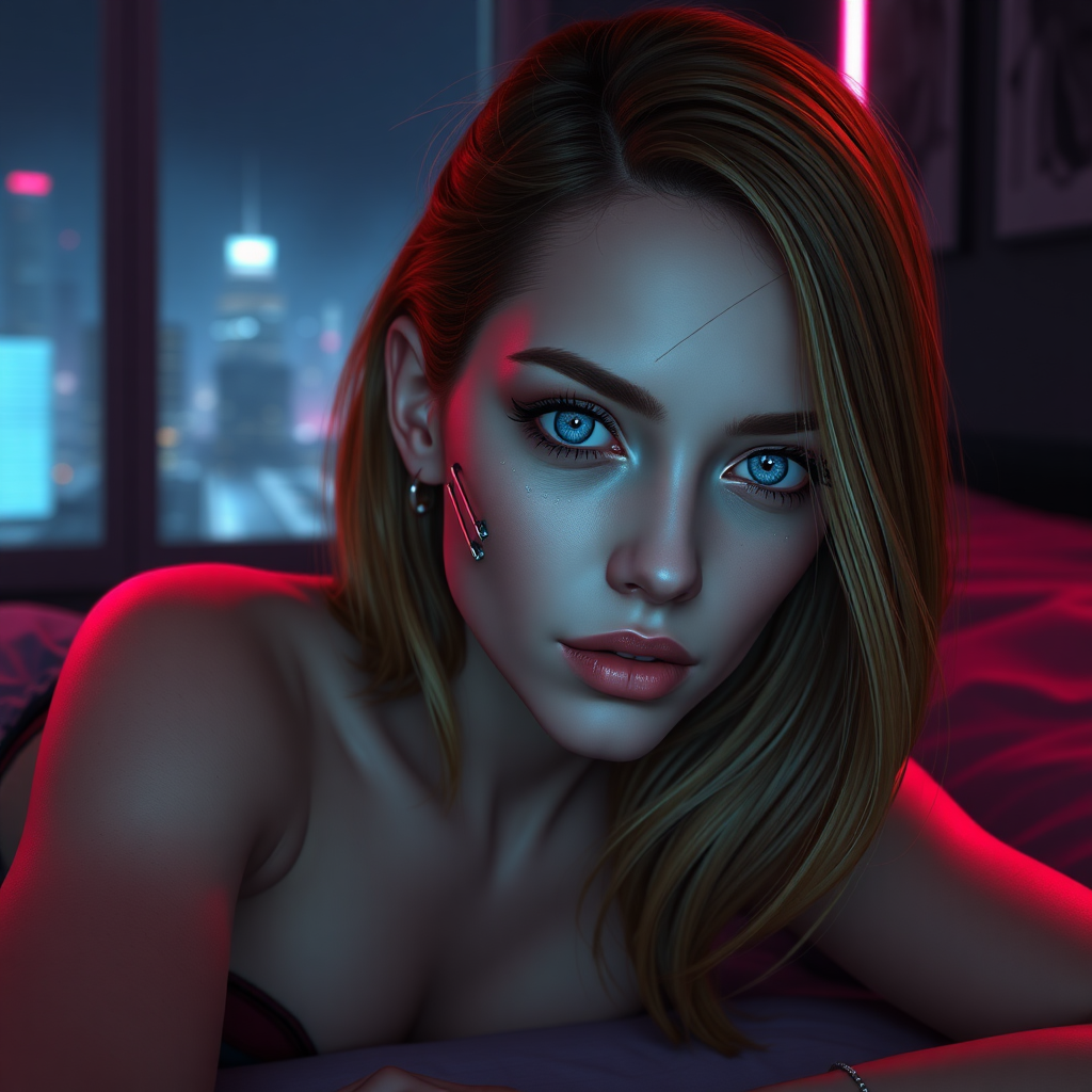 20 year old woman, pale skin, big softly glowing blue eyes, brown hair blond highlights underneath, cybernetic implants, symmetrical metal lines on face, laying on a bed, window view of a futuristic high rise cityscape, dim neon lighting, 2.5D style