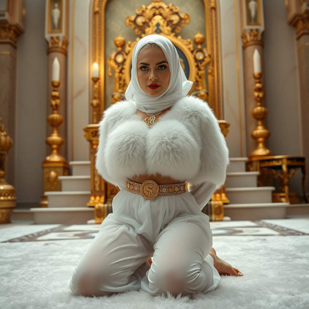 Kuwait desert palace throne room, throne raised on stair head, old overweight mighty sheik sitting on throne. In front of stairs, kneeling on white fluffy carpet: Melissa, European 17 years old very convincing femboy “trophy-bimbo”, tamed servile docile, rather short, by hormones very curvaceous womanly figured, platinum blond short tight curls, heavily made-up eyes, wearing Supertanya-style fluffy very fuzzy bright white angora turtleneck-poncho cropped ending under bust decorated with pearls and gemstones, striking oriental wide gold bridal protection belt, white fully transparent harem pants, full Oriental bridal jewelry, face covered by white sheer full Burka, coin anklets, striking diamond “$$$” letter brooch on left chest, pout frustrated, hands tied behind back, looking at camera. Focus on face and turtleneck-poncho.