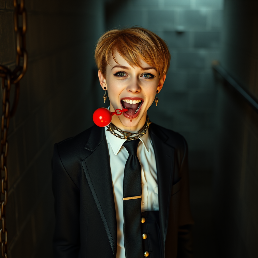 photorealistic, ultra high resolution, 16K, surreal fantasy, soft studio lighting, Tyler Swift is a pretty 18 year old goth male, slim male physique, auburn hair, , goth makeup, earrings, shiny black pantyhose, school uniform shirt tie and blazer, Mary-Jane shoes, spikey neck collar chain and leash, red ball-gag, in a dungeon, the end of the leash is chained to the wall, in daylight, excited open mouth smile, drooling a stream of saliva, facing the camera.