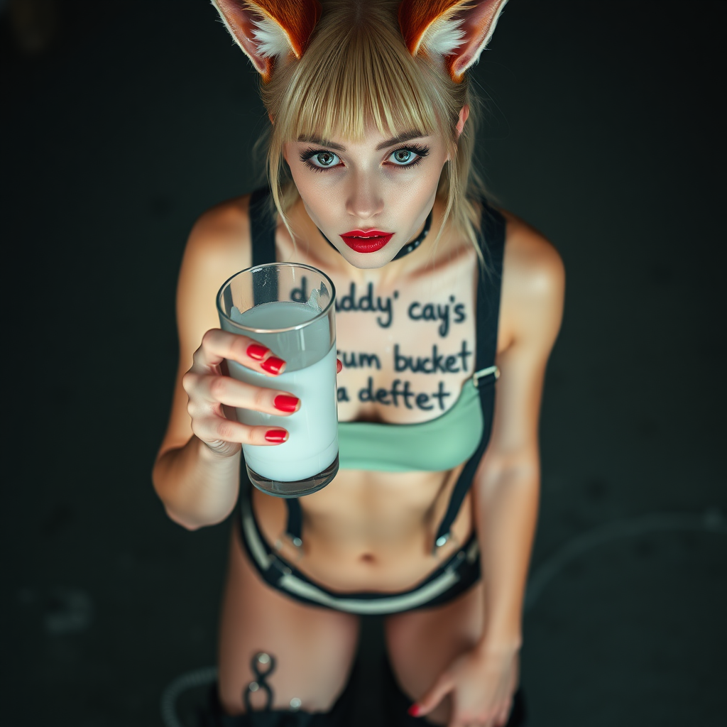 Full body in frame, high POV, Real life photo of a cyberpunk girl, she has “daddy’s cum bucket” written on her skin with lipstick. She is holding a glass of translucent white slime below her chin, she has fox ears, tiny cropped tee, wearing g-string thong, suspenders and chunky thigh boots, her face is covered in clear slime.