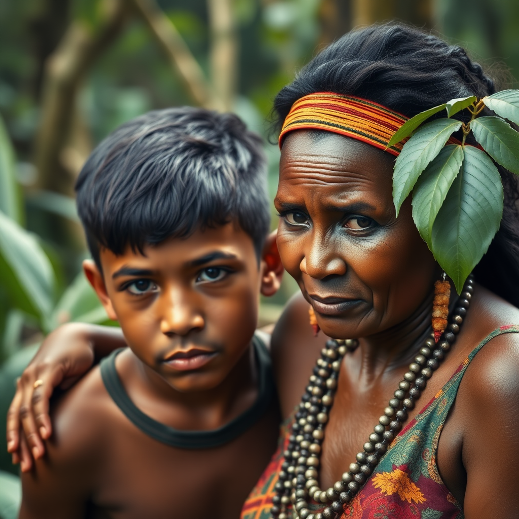 A realistic photo of a 12yo boy and woman. Indigenes of Brazil rain forest.