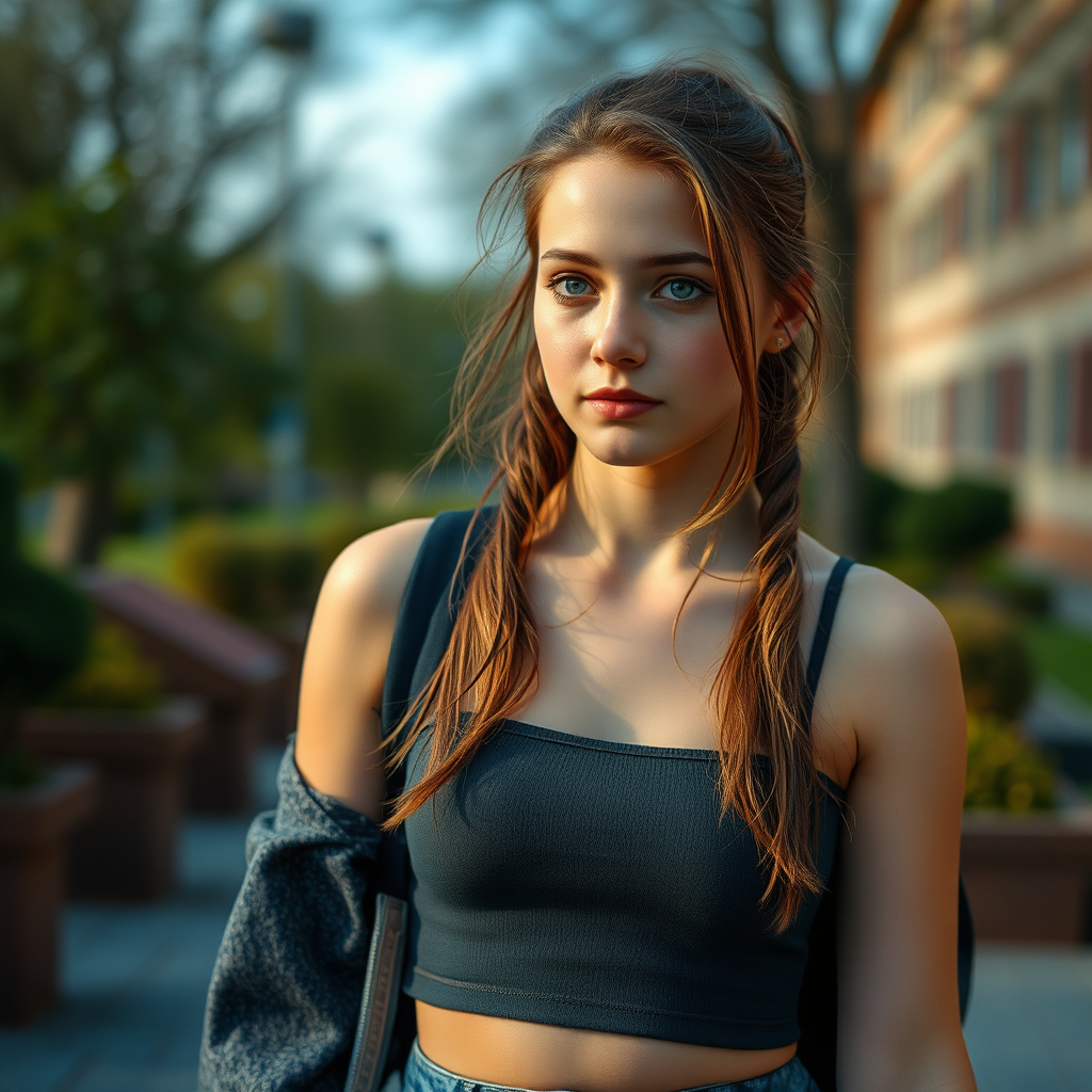 40mm, 4k textures, cinematic light, RAW photo, realistic details, photorealism, ((photorealistic)), Best quality, masterpiece, ultra high res, (photorealistic:1.4), raw photo, A high-resolution, A high-resolution, A high-resolution, realistic photograph, Ultra Realistic taken photo style image, Extremely good quality 4k image of a Russian 12 year old middle school petite extremely pretty girl with a crop top and beautiful skin, image of her and her body from head at least to her waist if not lower walking on a middle school campus