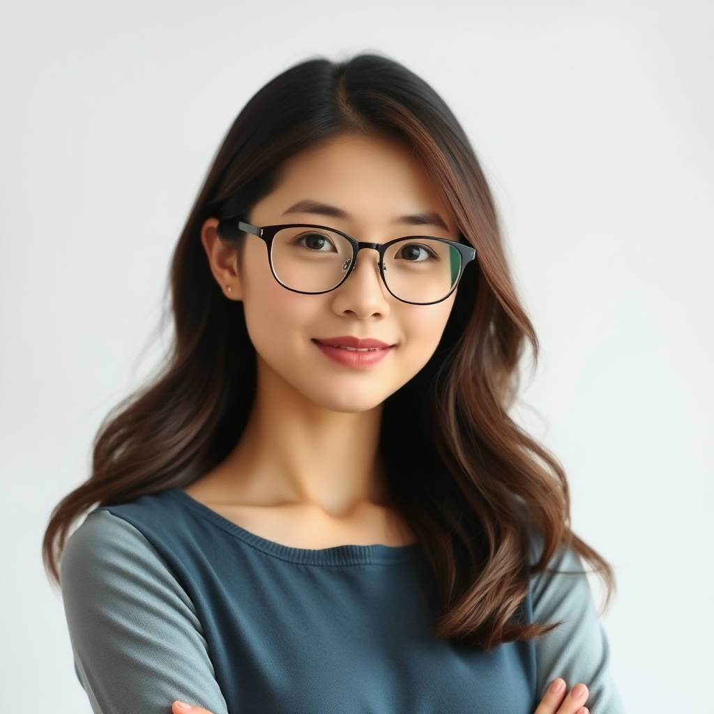 Help me generate a photo, full body shot, Chinese person, a female teacher, with graceful posture, sexy, wearing glasses, around twenty to thirty years old.