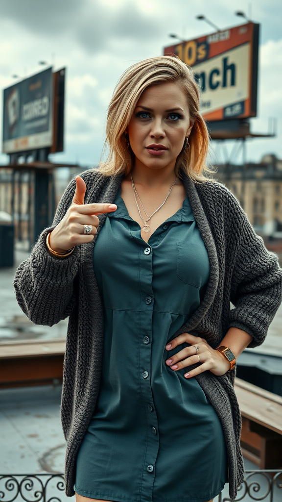 M4k4, Extremely photorealistic photography of a stunning slightly voluptuous 35-year-old woman with beige hair, bright aqua eyes, she is dressed in a trendy, modern outfit and is posing casually. An old, slightly rusted billboard towers over one edge of the rooftop. The advertisement is faded but still visible, adding a nostalgic feel to the modern urban setting. Her clothes are a layered look with a chunky cardigan over a button-up shirt dress. She is wearing a simple necklace, simple ring, stud earrings and a wristwatch on her left hand while a gold bracelet is on her right hand. One hand is on her hip, the other pointing forward as if indicating something important, with a determined expression.