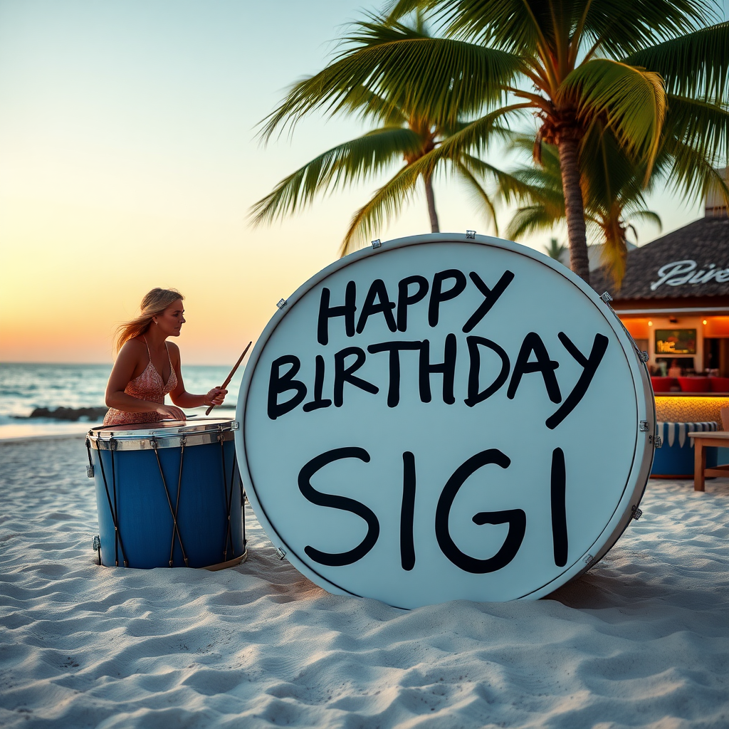 Lady sitting on drums on beach with palms and bar, big white bass drum spelling the words "Happy Birthday Sigi"