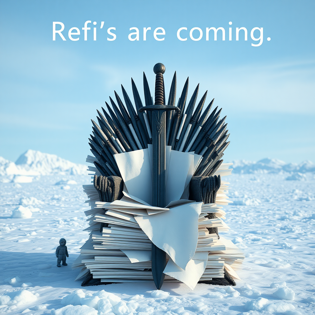 A movie scene in Antarctica depicting the game of thrones sword chair made out of stacks of paper. The text in the background says “Refi’s are coming.” Epic theme and high quality cinematic elements. No animals.