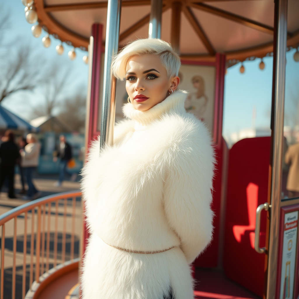 Amusement park “kissing booth”, sunny spring Sunday morning. Sam, 19 years old beautiful involuntary femboy, rebellious intractable character, petite boyish figure, platinum blond boyish rebel punk hairstyle, flawless heavily made-up face with sharp arched tattooed eyebrows, wearing Supertanya-style fluffy very fuzzy bright white angora thigh-length turtleneck-poncho fully covering body and arms, silver-glitter leggings, black leather high-heeled pumps, silver earrings, both hands tied to pole behind back, standing inside kissing booth, waiting for next customer to kiss. Focus on Sam’s face and turtleneck-poncho.