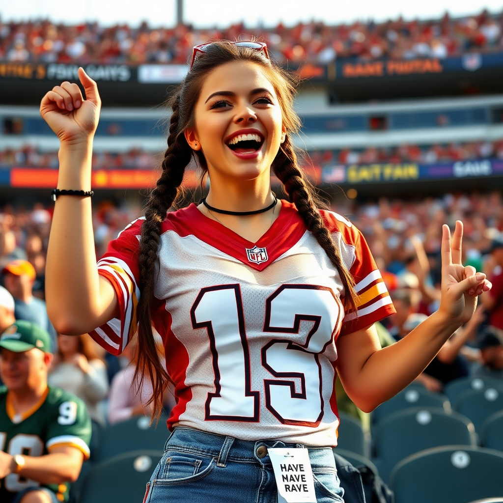 Extremely attractive female NFL fan, huge chest, jersey, cheering wildly, pigtail hair, crowded stadium bleacher row