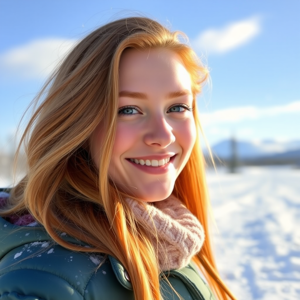 beautiful happy young woman with ginger cherry blonde long hair, full lips, perfect eyebrows, pale skin, on Alaska during winter in Anchorage on sunny snow day