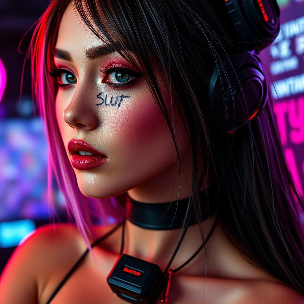 Real detailed full body photo of Sexy cyberpunk waifu, real life, “slut” written in lipstick on her cheek