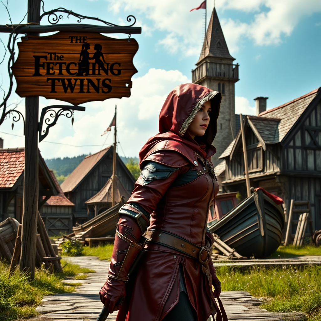 A wide distance shot of a female thief dressed in red leather armor and hood in a pastoral fantasy town. Mage tower in the background. She is fleeing from someone. Bar called "The Fetching Twins" wooden sign (consisting of a silhouette of two women leaning together for a kiss). Village of Dryden, dock with a run down ship.