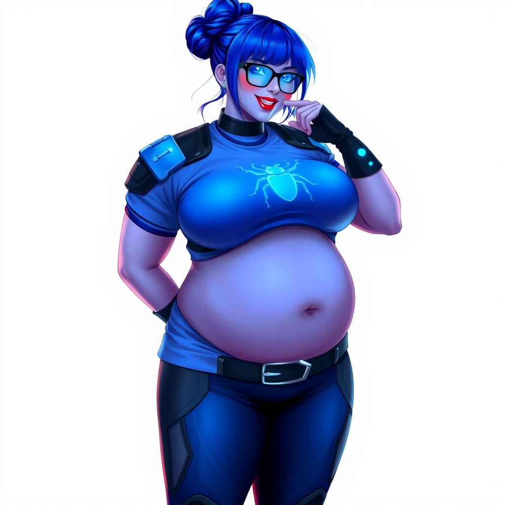 A 28-year-old, full-figured, vibrant, metallic maximum blue (5PB 5/10) skinned computer program hybrid with a tied bun of maximum blue hair. She has a non-athletic build, highlighted by a prominent, round, large midsection (with a full emphasis on her round large belly), which shows the effects of her love of junk food acquired from her boyfriend. As the full-figured, nerdy, digital sidekick to her cyberpunk vigilante boyfriend, her metallic maximum blue skin and maximum blue lipstick (5PB 5/12) emphasize her digital nature. Her skin has a subtle, animated glow, with digital patterns occasionally flickering across it, making her digital nature obvious. She wears a digital, computerized costume, consisting of a nano tech, gargantuan, tight-fitting, maximum blue t-shirt (5PB 5/12) with a neon blue glowing chest icon of a beetle, hi-tech shoulder pads with neon blue accents, a black hi-tech belt with a digital neon blue glowing buckle, digital maximum blue pants (5PB 5/12) with neon blue accents, and black hi-tech fingerless biker gloves with neon blue glowing accents. Her neon blue glowing eyes, black eyeglasses with neon blue glowing lenses equipped with a built-in HUD, and bashful smile with neon red blush accentuate her nerdiness. She stands bashfully with one hand behind her back and the other hand gently touching her cheek, her costume covering all her skin and fully emphasizing her full-figured physique (especially her midsection). She is clearly non-athletic, with a focus on her full-figured physique. Despite her build, she radiates beauty. She has a slim face compared to her physique, accentuating her radiant beauty. She is on a solid white background. She is drawn as if she were in a retro 2D cyberpunk fighting game. Ensure her skin has a maximum blue (5PB 5/10) skin tone.