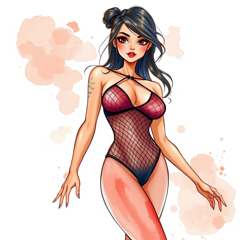 digital watercolor painting illustration with realistic paper texture, depicting sexy cartoon girl in mesh leotard