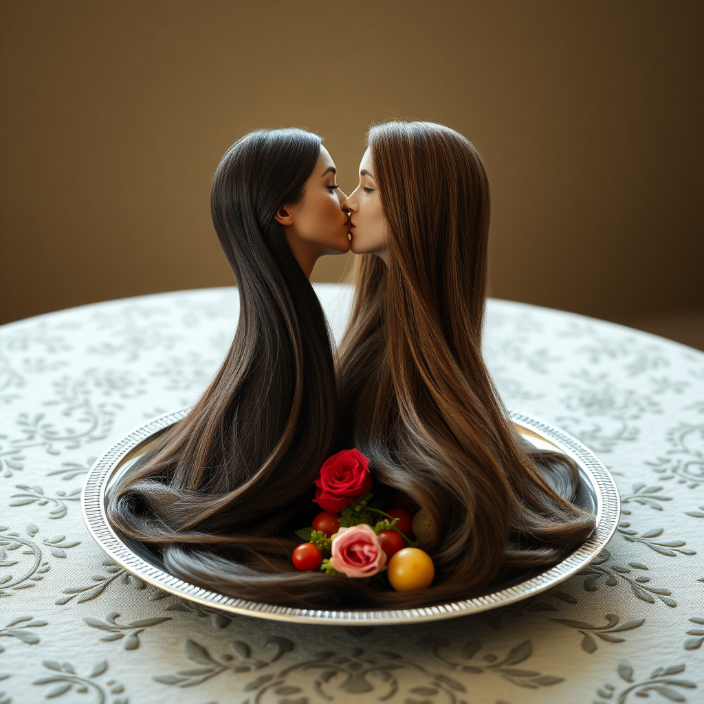 Surreal image of the disembodied heads of very long haired Meghan Markle and very long haired Kate Middleton served on a platter. They are kissing each other.