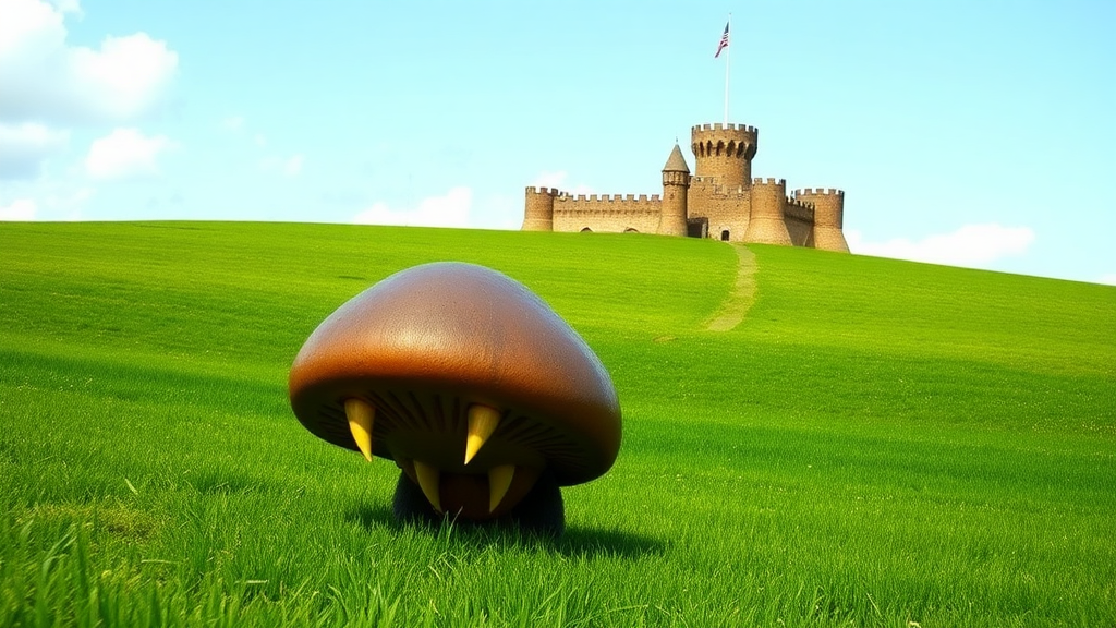 Exterior. Day. Green field. A pathway leads up a hill in the distance to a brown-brick castle with a tall flagpole outside. A large brown mushroom-shaped creature with pointy teeth.