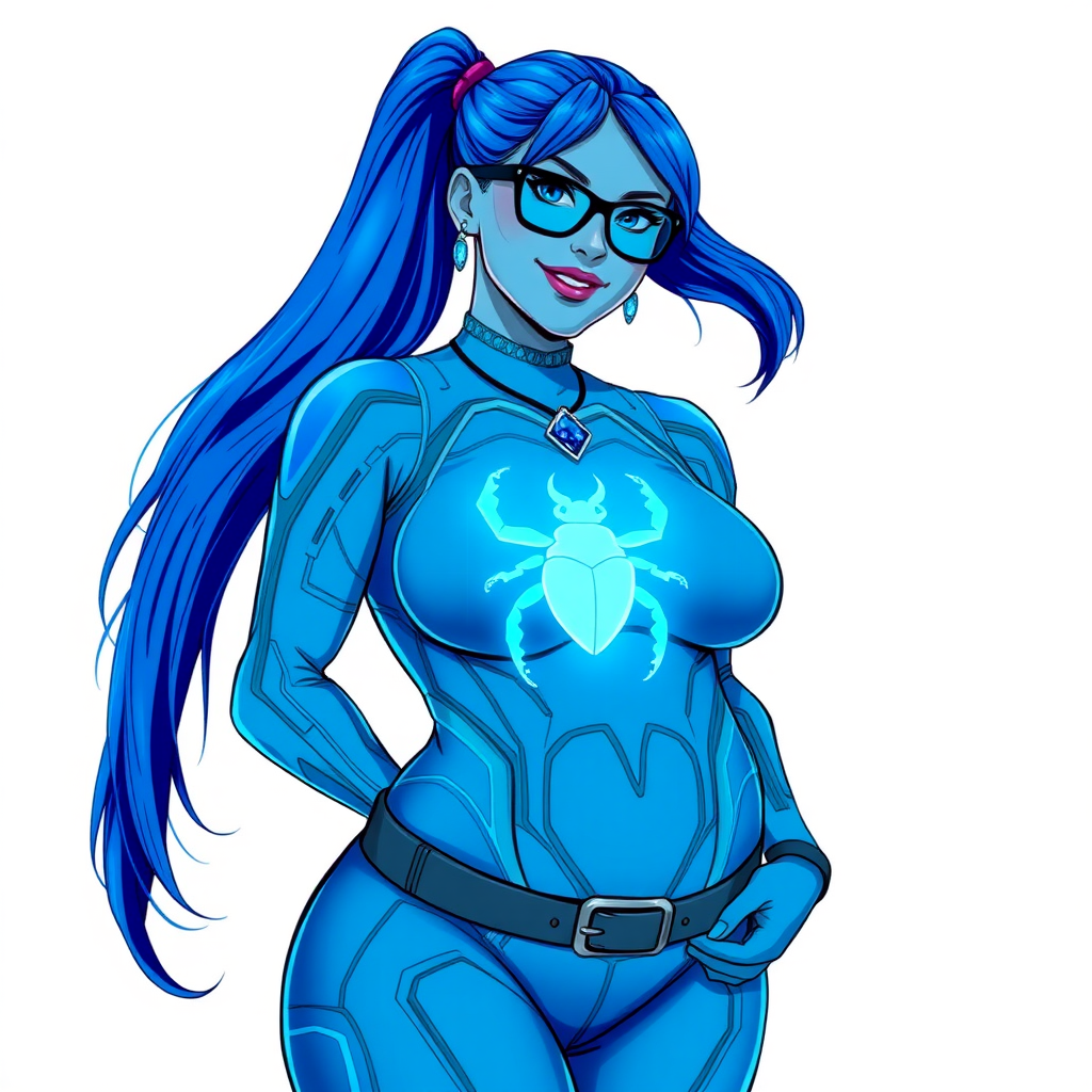 A cyberpunk vigilante’s full-figure computer program hybrid 28-year-old digital sidekick and loyal girlfriend. She has a long 5PB (Maximum Blue) ponytail and 5PB (Maximum Blue) skin that blends with her outfit appearing to merge together into computer data. She wears maximum blue lipstick, blue eyes, a sapphire beetle gemstone necklace, sapphire earrings, black eyeglasses, and a digital, computerized, 5PB (Maximum Blue) bodysuit featuring a neon blue glowing chest icon of a scarab beetle that accentuates her prominent, round, gargantuan midsection. She sports a beaming smile with a neon red blush. She serves as his minicomputer operating in his hi-tech wristwatch and supercar's onboard computer using her ability to hack into machines and computer to relay vital mission information. The background is solid white. She is drawn as if she was in a retro 2D cyberpunk fighting game. Her midsection is bloated and expanded to emphasize her full figure.