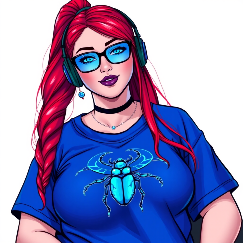 A cyberpunk vigilante’s full-figured intelligent and tech-savvy 28-year-old girlfriend, who is a computer hacker and tech genius. She has a long ruby red ponytail. She wears maximum blue lipstick, bright blue eyes, a sapphire beetle gemstone necklace, sapphire earrings, black eyeglasses, and an oversized maximum blue t-shirt featuring a blue sapphire gemstone crusted beetle chest icon. She has a full-figured physique with a prominent, massive, round belly, reflecting her well-cared-for lifestyle. She sports a sapphire headset with a hi-tech maximum turquoise lensed HUD, and a shy smile with a neon red blush. She serves as his tech expert from his hideout, diligently working at her lab table computer desk. The background is solid white. She is drawn as if she was in a retro 2D cyberpunk fighting game. Ensure her maximum blue t-shirt covers her belly.