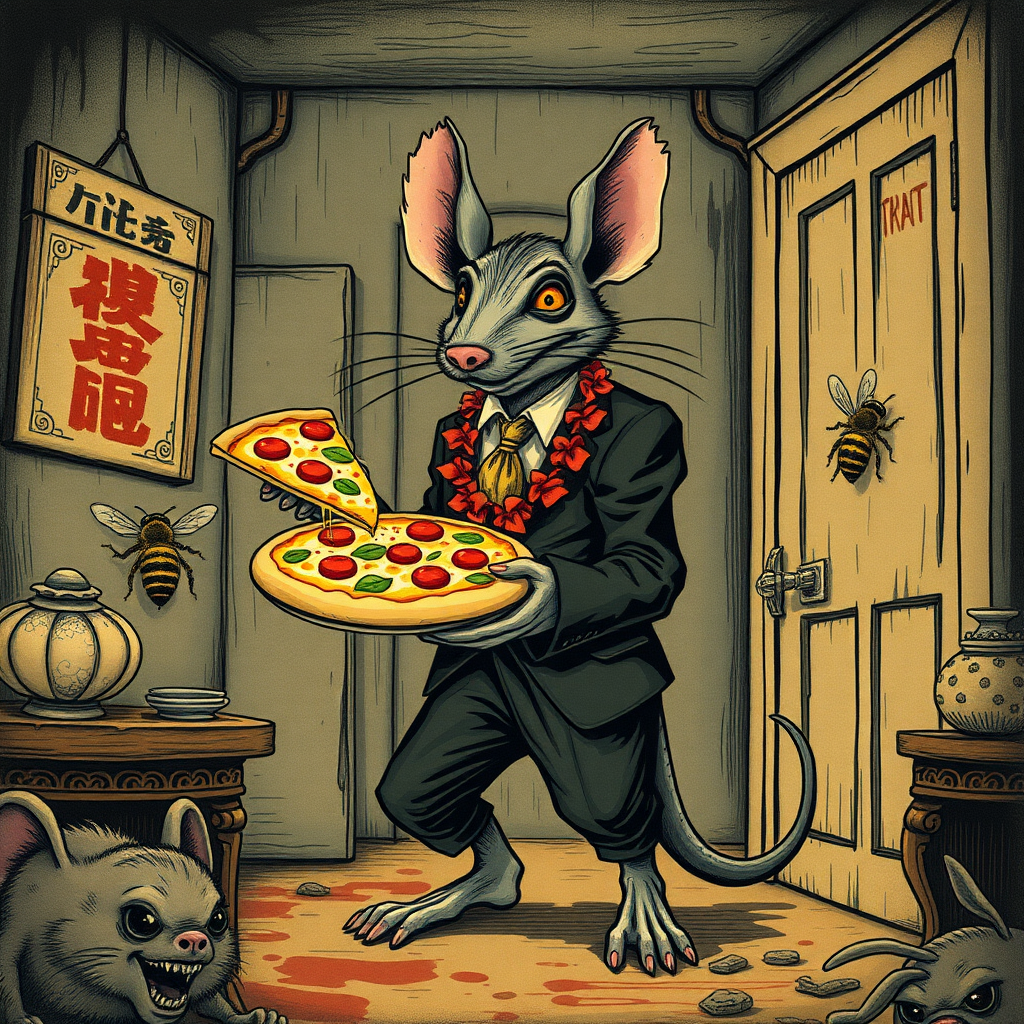 A well dressed handsome rat demon delivering Hawaiian pizza to angry bees in a decayed apartment, Chinese woodcut