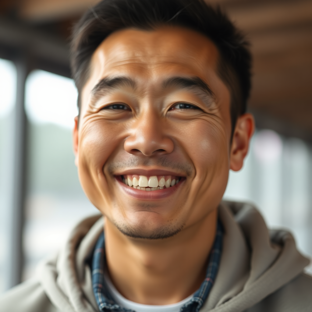 the face of a 38 year old asian man smiling with mouth closed